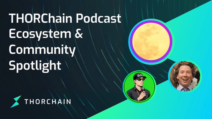 The image features a poster for a podcast called "Thorchain Podcast Ecosystem & Community Spotlight" with three different people featured on it, including a man wearing a hat and sunglasses. The poster also includes text that reads "THORCHAIN Podcast EOSystem & Community Spotlight".