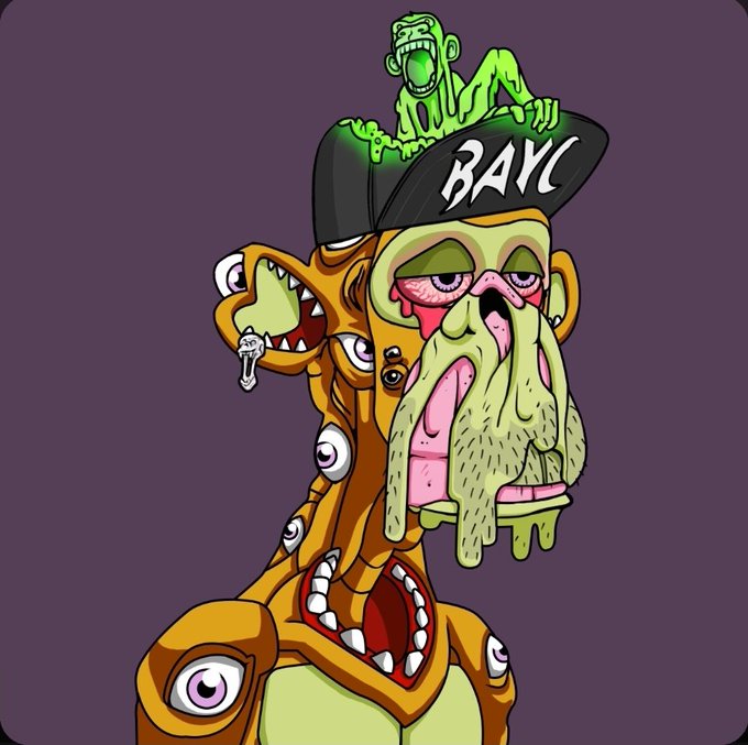 A grotesque cartoon illustration of a monstrous green creature wearing a black 'BAYC' (Bored Ape Yacht Club) cap, featuring multiple eyes and mouths.