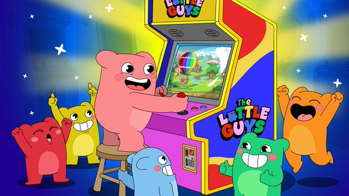 A colorful cartoon illustration of several cheerful animal characters playing at an arcade, with the text 'The Little Guys' visible on the arcade machine.