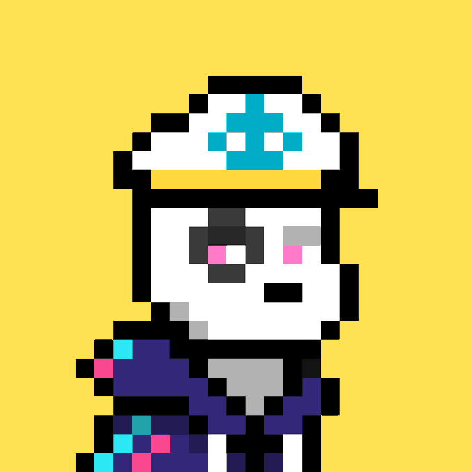 A simple pixel art character with a white skull-like head, pink cheeks, a white hat with a teal cross, and purple clothing against a solid yellow background.