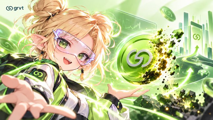 A bright green anime-style promotional image shows a blonde, elf-eared character with goggles reaching forward, surrounded by glowing green “grvt” logos, digital effects, and a futuristic cityscape.