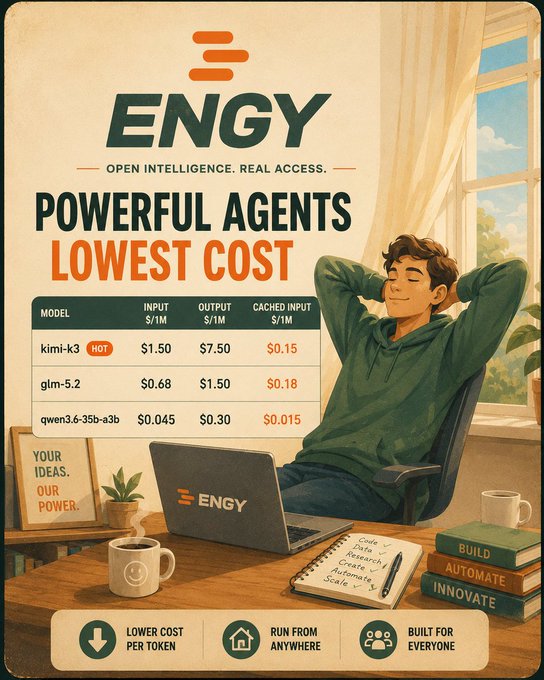 An advertisement for ENGY AI platform promoting 'POWERFUL AGENTS LOWEST COST' with a pricing table for models including kimi-k3, glm-5.2, and qwen3.6-35b-a3b.
