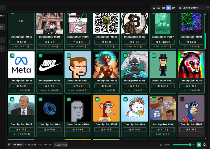 A digital marketplace interface displays a grid of NFT/Bitcoin Ordinals inscriptions for sale, showing items like "Inscription #556" and "Inscription #6218" with prices in Bitcoin and sorting set to "Lowest price."