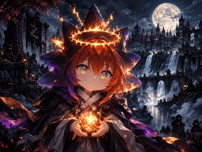 An anime-style illustration of a red-haired character with a crown of flames, holding a glowing orb against a gothic backdrop featuring a castle, waterfall, and full moon.