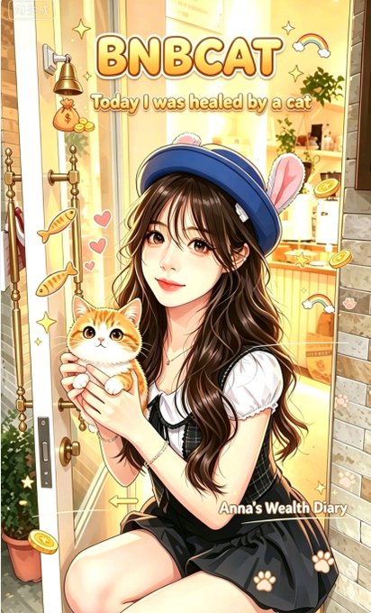 An anime-style illustration titled 'BNBCAT' with the text 'Today I was healed by a cat' and 'Anna's Wealth Diary', depicting a girl in a blue hat holding an orange kitten.