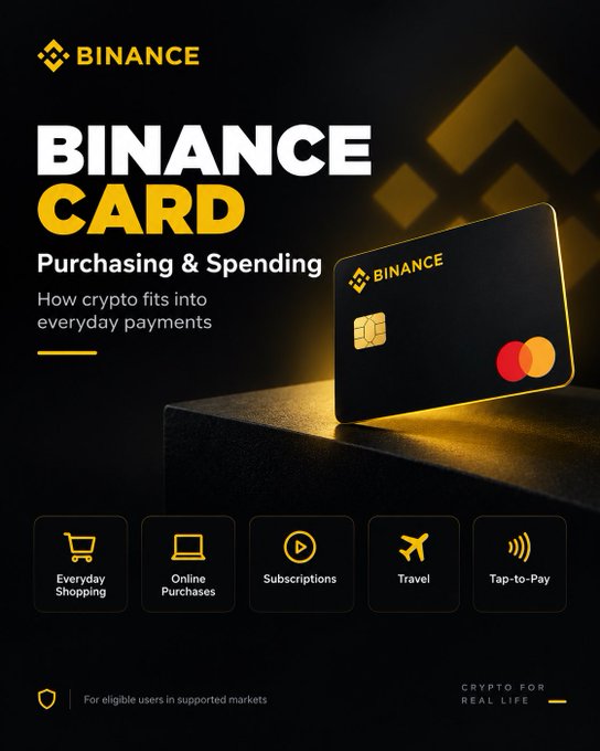 A sleek black Binance Card with Mastercard branding is featured against a dark background, promoting "Binance Card: Purchasing & Spending" and how crypto fits into everyday payments. Five icons at the bottom highlight its use cases: Everyday Shopping, Online Purchases, Subscriptions, Travel, and Tap-to-Pay, with a note that it's available "For eligible users in supported markets."