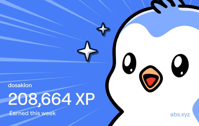 A digital graphic with a blue background featuring a white cartoon penguin character. The text displays 'dosaklon', '208,664 XP', 'Earned this week', and 'abs.xyz'.