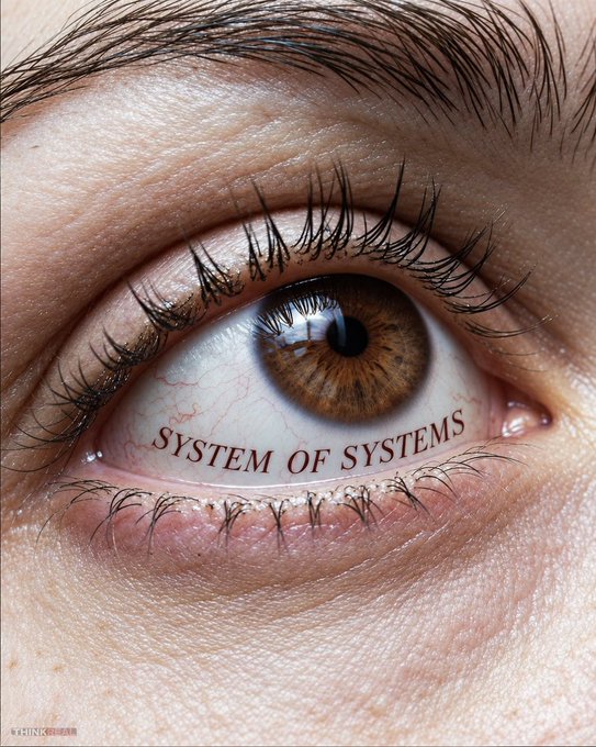 Close-up of a brown human eye with the text 'SYSTEM OF SYSTEMS' written across the white sclera.