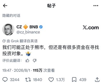 The image shows a tweet from CZ Binance (@cz_binance) posted on August 1, 2026, stating in Chinese "We may be in a bear market, but there is still a lot of capital looking for investment targets," with 115 million views and 13,000 likes. The post's reference to Binance and "10.10" appears to allude to the October 10, 2022 BNB Chain hack, framing the tweet's reassurance about available investment capital in a market context where that historical security breach remains memorable.
