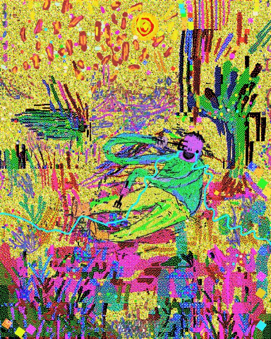 A vibrant, glitchy pixel art image depicting a figure lounging amidst bright yellow foliage, with colorful cyan lines and distorted patterns characteristic of generative or AI art.