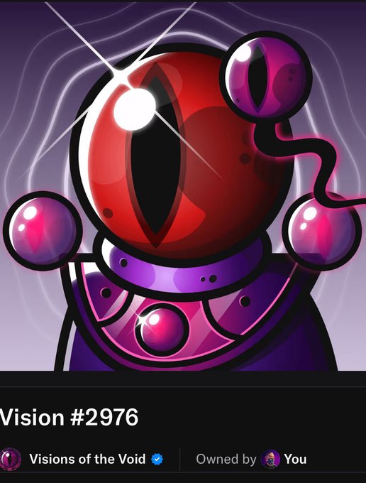 The image features a cartoon character with red eyes, a purple body, and a blue collar. The character appears to be holding a ball and has a sword in one hand and a shield in the other. The background of the image is dark purple, which contrasts with the bright colors of the character's outfit. The post includes text that reads "Vision #2976 owned by You @zubic_eth".