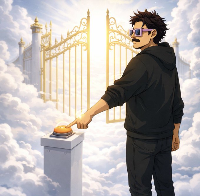 The image features a man wearing sunglasses, standing in front of a golden gate with his hand on a button. The background consists of clouds and a sky that appears to be cloudy. There are also other people visible in the scene but they are not the main focus. The caption for this image reads "GM CT GM @finnbags GM #ŌM #cyrdoge #moon #clawdtrust".