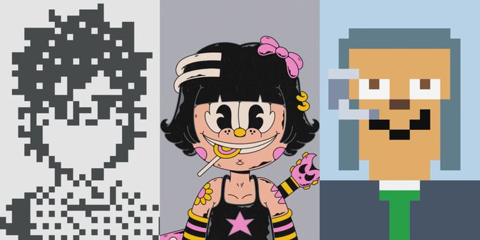 The image features three pixelated "PFP" (profile picture) style NFT characters side by side, including a classic CryptoPunk, a cartoon-style character with a pink bow, and a Reddit avatar, with their dollar signs for eyes suggesting they are "dead" or worthless—visually reinforcing the post's claim that "NFTs are dead."