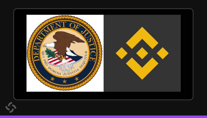 Image split between the Department of Justice seal and the yellow Binance logo on a dark background.