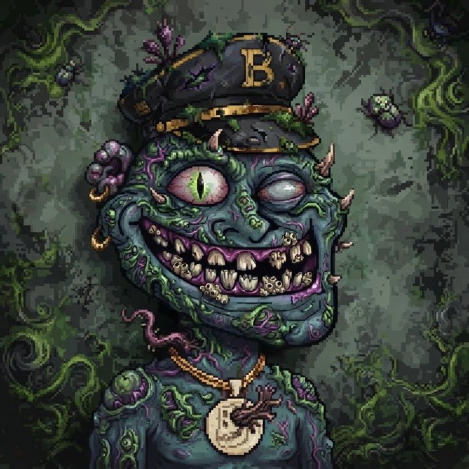 Pixel art portrait of a grotesque green-skinned zombie character wearing a black cap with a gold 'B' emblem, featuring one large green eye, an empty eye socket, and a wide toothy grin.