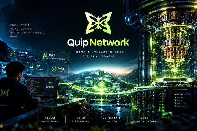 A digital promotional graphic for 'Quip Network' featuring the tagline 'REAL APPS. REAL USERS. QUANTUM POWERED.', displaying a futuristic green-lit quantum server alongside interface elements like 'QuipSwap', 'QVBF', 'SDK', and 'Nodes'.