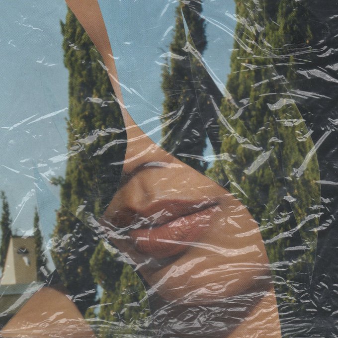 An artistic collage featuring lips and trees viewed through crinkled plastic wrap in a torn geometric composition.