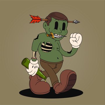 A cartoon illustration of a green-skinned zombie-like character with an arrow through its head, wearing brown pants, white gloves, and brown shoes, while holding a green bottle.