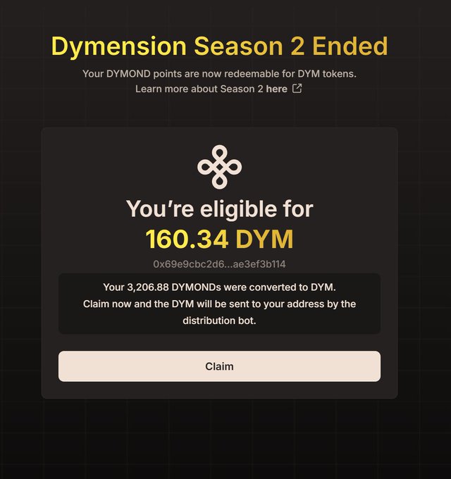 A 'Dymension Season 2 Ended' notification screen showing an eligible reward of 160.34 DYM tokens, converted from 3,206.88 DYMONDS, with a 'Claim' button.
