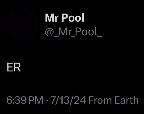 A screenshot of a tweet from Mr Pool (@_Mr_Pool_) reading 'ER' posted at 6:39 PM on 7/13/24 from Earth.