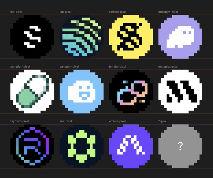 A collection of twelve pixel art circular tokens labeled with names like 'skr-pixel', 'jup-pixel', 'solflare-pixel', and 'solana-pixel', each featuring different designs.