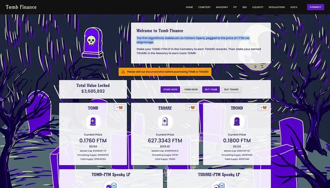 The image shows the Tomb Finance homepage featuring a spooky purple graveyard theme, displaying token stats for TOMB (priced at $0.1760), TSHARE (627.3343 FTM), and TBOND (0.1800 FTM), with a Total Value Locked of $3,685,892.

This relates to the post as Tomb Finance was a notable algorithmic stablecoin protocol on Fantom that ultimately failed, marking it as an "OG" reference to early DeFi projects from the 2021 era that are now defunct.