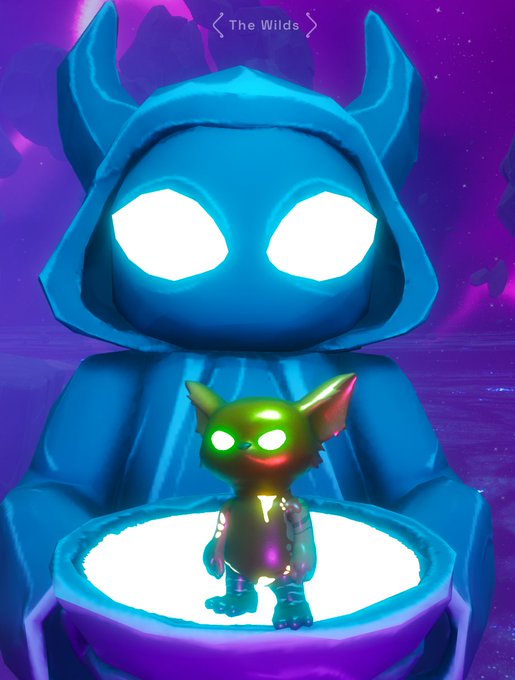 3D rendered image of a glowing blue horned hooded figure with bright white eyes (labeled 'The Wilds') holding or presenting a small green glowing creature on a purple-lit platform.