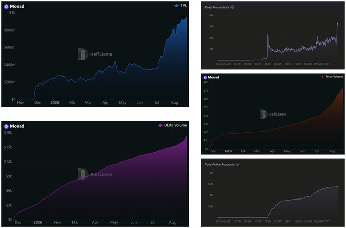 A dashboard of DefiLlama charts showing Monad's ($MON) TVL, perpetual volume, DEX volume, and daily transactions and total active accounts, all displaying consistent upward growth from late 2025 through August. The image illustrates the underlying fundamentals behind the token, countering short-term price obsession with long-term network activity metrics.