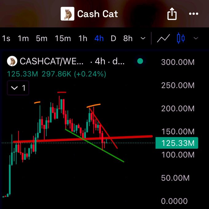 A 4-hour TradingView chart for the meme token "Cash Cat" (CASHCAT/WE) shows the price currently at 125.33M with a +0.24% gain, featuring hand-drawn trendlines, a red horizontal support level, and a descending channel that illustrates the head-and-shoulders pattern mentioned in the post. The author is watching for a neckline reclaim around the 125M support level after missing their planned exit near the 200M high.