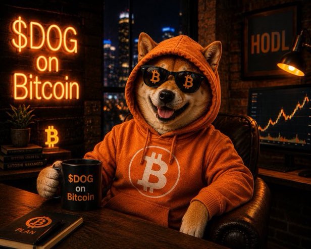 A Shiba Inu dog wearing an orange Bitcoin hoodie and sunglasses, sitting in a leather chair with neon signs reading '$DOG on Bitcoin' and 'HODL' in the background.