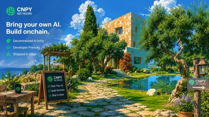 A promotional banner for 'CNPY NETWORK' displays the tagline 'Bring your own AI. Build onchain.' over an illustration of a coastal house.