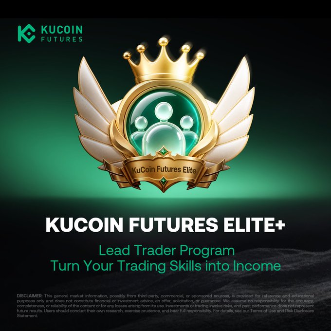Promotional graphic for 'KUCOIN FUTURES ELITE+' featuring a golden crown and winged emblem, advertising a 'Lead Trader Program' to 'Turn Your Trading Skills into Income'.