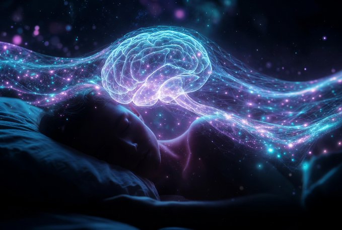 An artistic illustration of a sleeping person with a glowing, luminous brain and flowing neural energy streams in purple and teal cosmic colors.