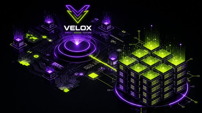 A futuristic digital graphic featuring the 'VELOX' logo with the tagline 'SPEED • VISION • FUTURE' over a glowing circuit board with green and purple neon-lit server towers.