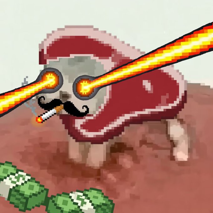 A pixel-art illustration of a mushroom character wearing a red and white cap, shooting lasers from its eyes, with a cigar in its mouth, facing a green creeper-like figure.