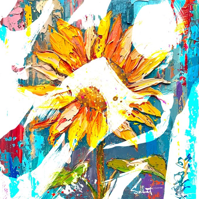 A vibrant abstract oil painting of a sunflower with thick, textured brushstrokes in yellow, orange, white, and teal, signed 'Sidart' in the bottom right corner.