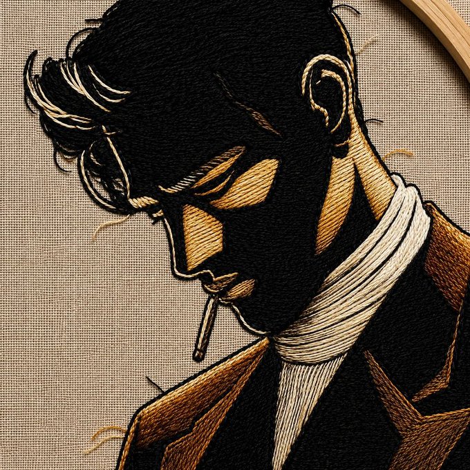 An intricate embroidery piece features a stylized portrait of a man wearing dark sunglasses and a suit, rendered in rich black, gold, and cream threads on a tan fabric background. The artwork visually reinforces the post's message by showcasing a sophisticated, handcrafted artistic creation—aligning with the idea that "art is the only trend that never ends" and promoting the timeless appeal of ITIA NFTs.