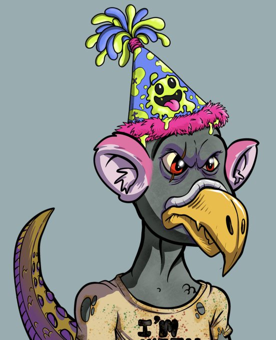A cartoon illustration of a grumpy dark grey ostrich-like bird wearing a yellow polka-dot party hat with a slime character design and a shirt that begins with 'I'M'.