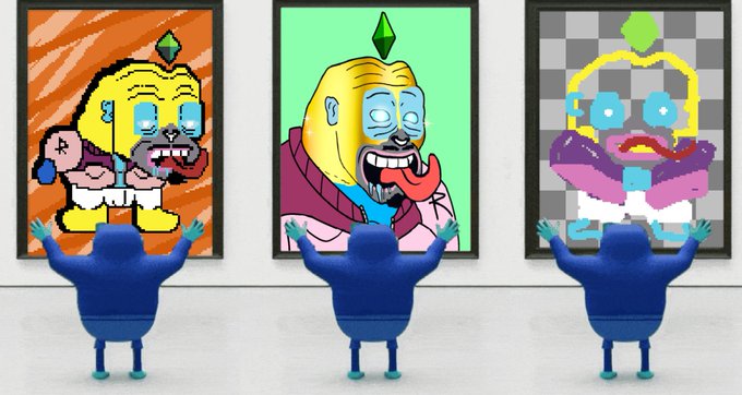 The image features a group of three cartoon characters standing next to each other, with one character wearing a blue jacket and holding their arms outstretched as if they are waving or greeting someone. The background includes two paintings hanging side by side on a wall, which adds an artistic touch to the scene. The post caption reads "RONKASSO IN DA HOUSE DO NOTHING JUST LOOK $RONKE IS BEAUTIFUL". This suggests that the image is meant to be visually appealing and shareable with others who appreciate art or cartoons.