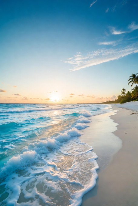 The image shows a beautiful beach scene with a large body of water, such as an ocean or sea, where waves are crashing onto the shoreline. The sun is setting over the horizon, creating a stunning backdrop for the picturesque view. There are palm trees visible in the background, adding to the tropical atmosphere. The photo appears to be taken during the day and captures the essence of a relaxing beach vacation.