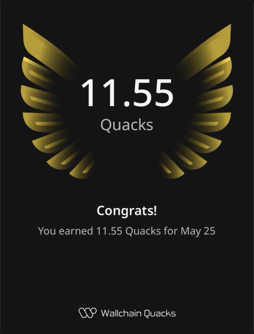The image features a poster with an illustration of a bird's wing, which has the text "11.55 Quacks" written below it. The poster also displays a message congratulating users for their achievements or wins related to Quacks. This could be a celebration of someone who has won Quacks in a game or competition, or perhaps they have achieved a certain number of Quacks in a specific category. The post emphasizes the importance of consistency and daily wins in building up over time, as well as the supportive community atmosphere surrounding Quacks.