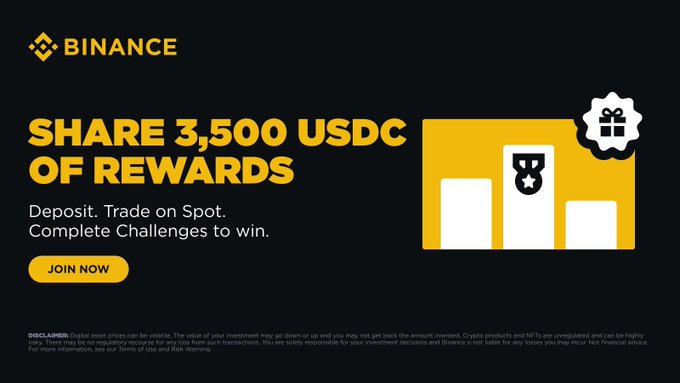 A Binance promotional banner advertises a "Back to Markets" campaign offering 3,500 USDC in rewards for users who deposit and trade on Spot, featuring a gift box graphic and a "Join Now" call-to-action that aligns with the post's details about completing six Discord challenges between September 18 and October 2.