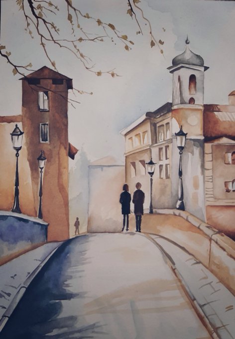 A watercolor painting of two silhouetted figures standing on a cobblestone street lined with old European-style buildings, street lamps, and a church tower in the distance.