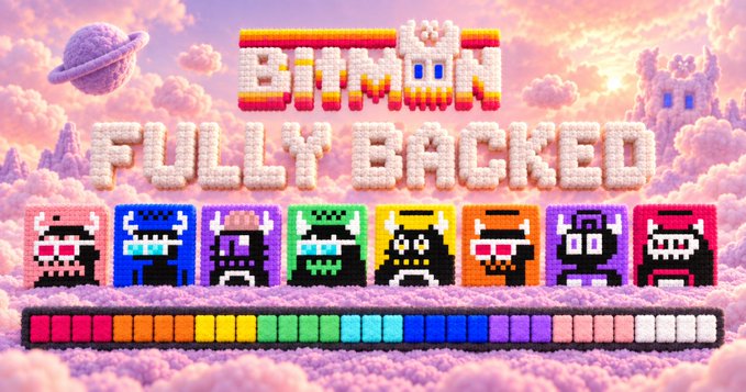 A promotional banner for the "Bitmon: Fully Backed" NFT collection, displayed against a dreamy pastel sky with clouds and a ringed planet. The graphic features pixel-art character portraits of various colorful Bitmon alongside a rainbow palette strip, visually tying into the post about NFT distribution to backers and the FWA pool.