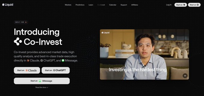 The image displays a Liquid website landing page featuring "Co-Invest," an AI-powered trading tool, promoting trade execution capabilities through integrations with Claude, ChatGPT, and iMessage. A video on the right shows a man stating "Investing is the hardest thing," visually reinforcing the post's theme about using Claude as a personal trading assistant that can execute positions directly within chat.