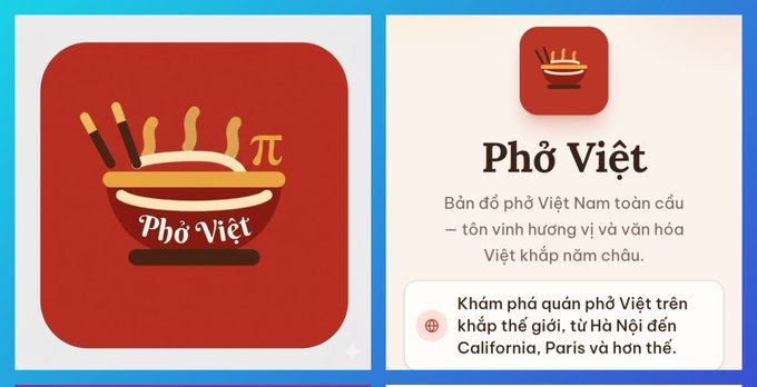 A promotional graphic for 'Phở Việt' featuring an app icon with a bowl of Vietnamese pho noodles, with Vietnamese text describing a global map of Vietnamese pho restaurants.