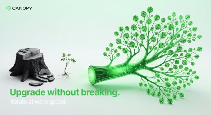 A CANOPY advertisement with the tagline 'Upgrade without breaking. Iterate at warp speed.' showing a tree stump with a small plant next to a glowing green digital tree growing from a fallen log on a light background.