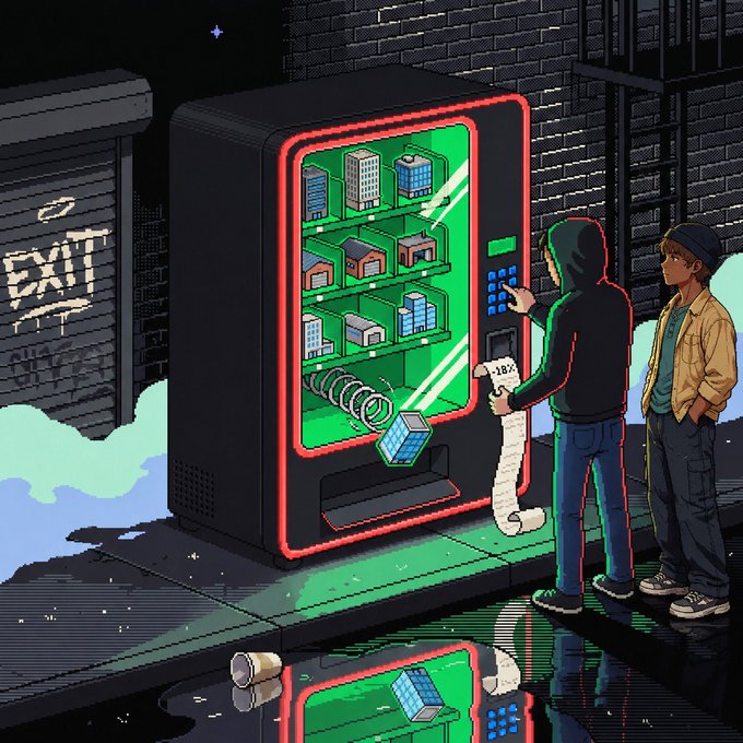 A pixel art illustration showing two people at a nighttime vending machine, with one person in a black hoodie purchasing an item while another in a yellow jacket watches.