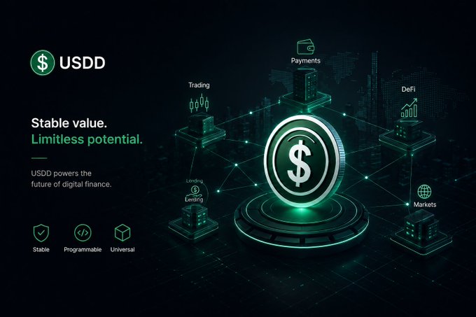 A digital promotional graphic for USDD cryptocurrency featuring the text 'Stable value. Limitless potential.' and 'USDD powers the future of digital finance,' alongside labeled features like Payments, Trading, DeFi, Lending, and Markets, with key attributes Stable, Programmable, and Universal.