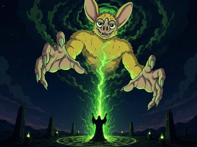 A fantasy illustration shows a giant menacing yellow bat-like creature emerging from a swirling green portal above a cloaked figure standing within a glowing magical circle in a dark landscape with stone pillars.